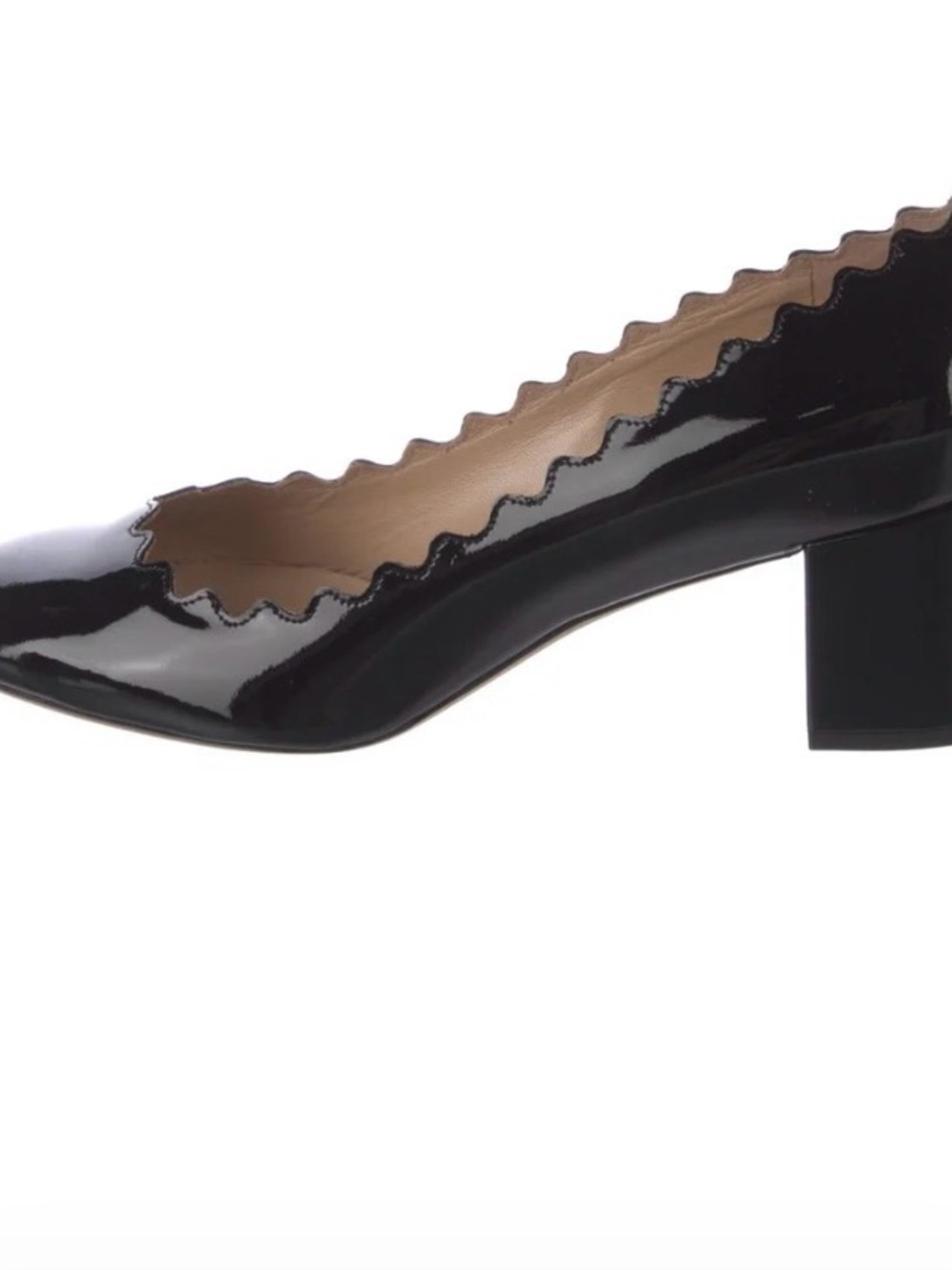 Chloe Black Patent Leather Scalloped Block Heel Pumps